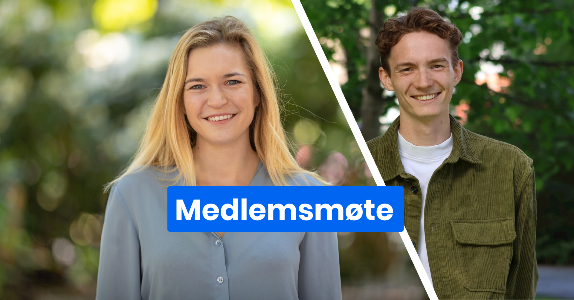 Bilde av Mathilde T-G og Sivert L i sommerlig landskap med teksten Medlemsmøte