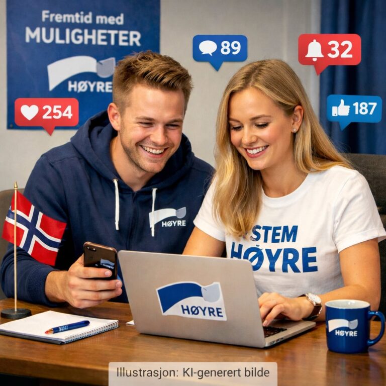 AI-generert bilde av to Høyre-medlemmer som skriver innlegg til sosiale medier