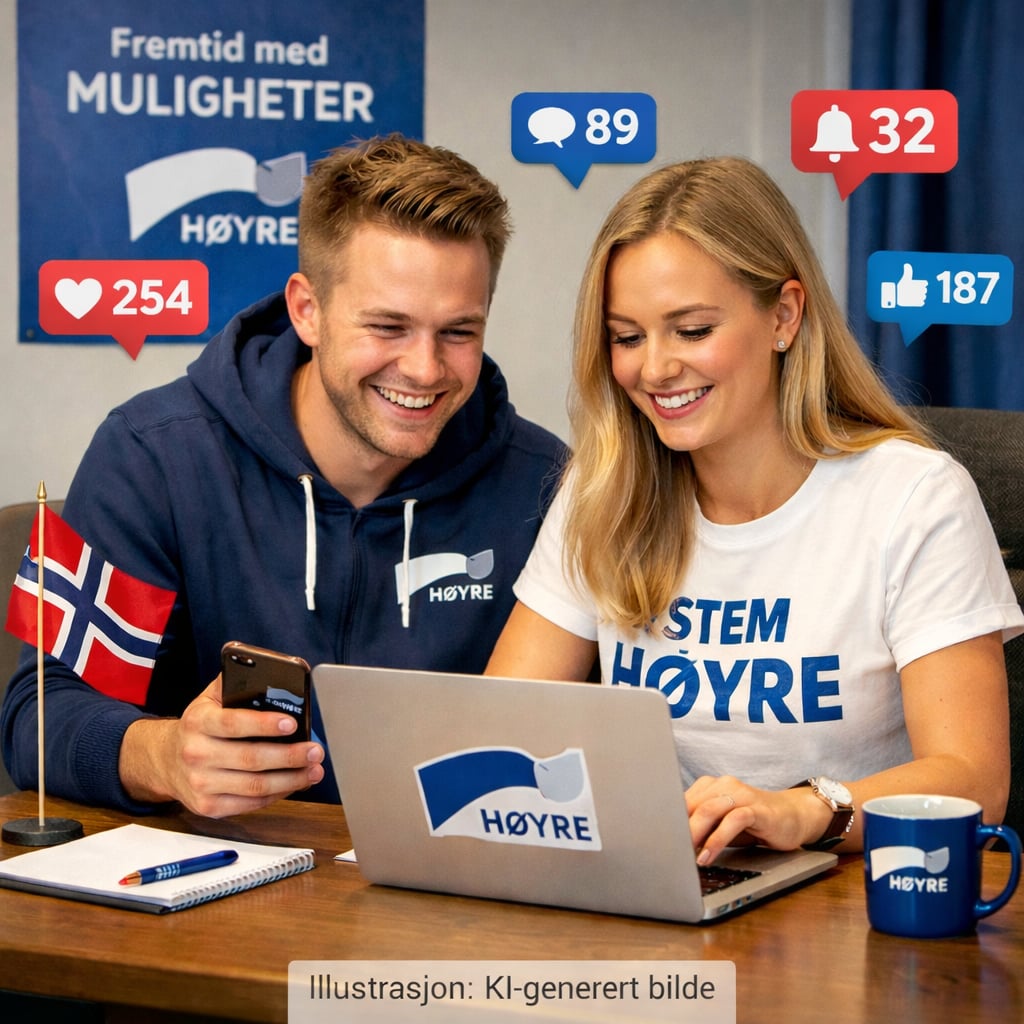 AI-generert bilde av to Høyre-medlemmer som skriver innlegg til sosiale medier